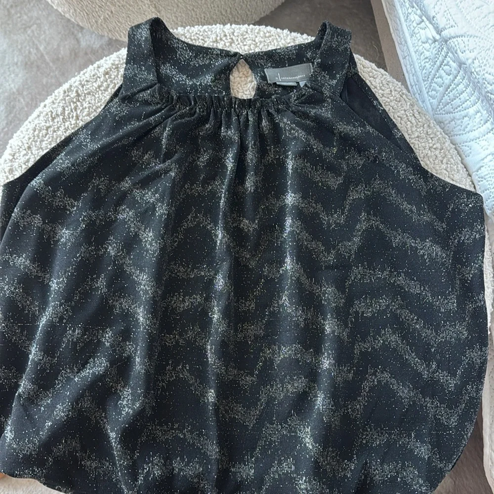 Anthropologie Stardust Galaxy Black and Silver Print Bubble Hem Top - Picture 5 of 5